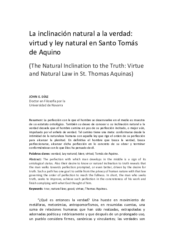 (PDF) La inclinación natural a la verdad: virtud y ley natural en Santo ...