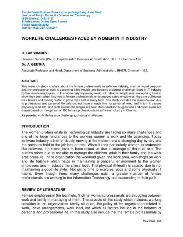 (PDF) WORKLIFE CHALLENGES FACED BY WOMEN IN IT INDUSTRY