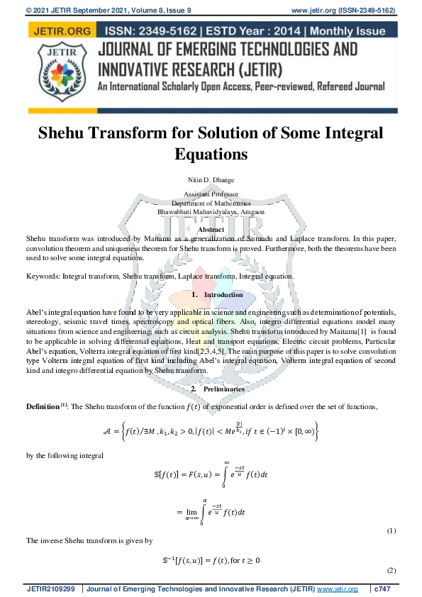 (PDF) Shehu Transform For Solution of Some Integral Equations