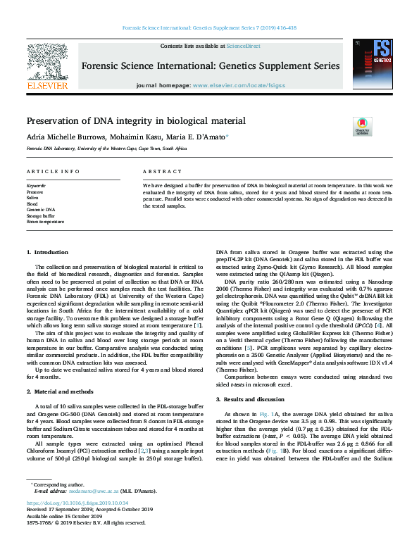 (PDF) Preservation of DNA integrity in biological material