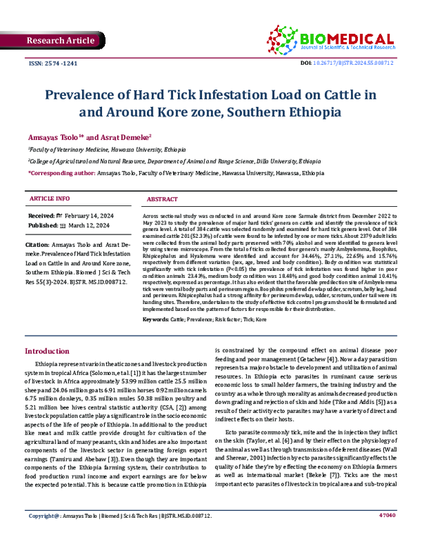 (PDF) Prevalence of Hard Tick Infestation Load on Cattle in and Around ...