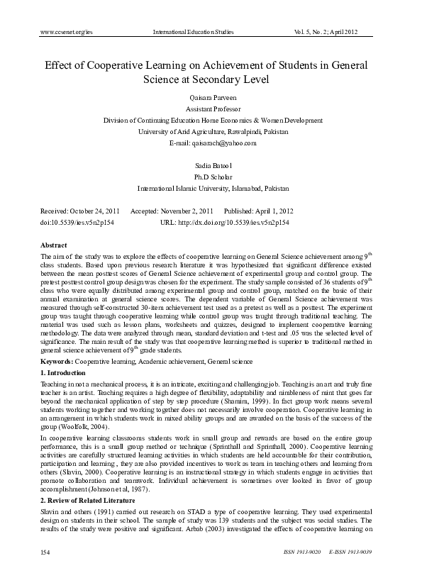 (PDF) Effect of Cooperative Learning on Achievement of Students in ...