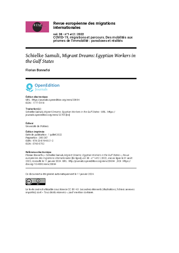 (PDF) Schielke Samuli, Migrant Dreams: Egyptian Workers in the Gulf States