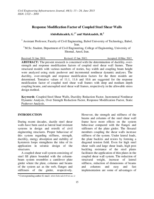 (PDF) Response Modification Factor of Coupled Steel Shear Walls