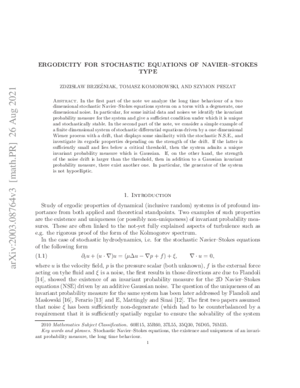 (PDF) Ergodicity for stochastic equation of Navier--Stokes type