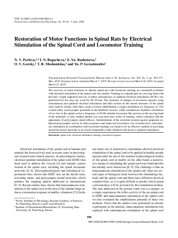 (PDF) Restoration of Motor Functions in Spinal Rats by Electrical ...