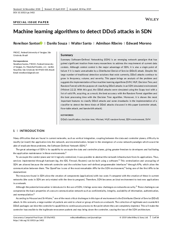 (PDF) Machine learning algorithms to detect DDoS attacks in SDN