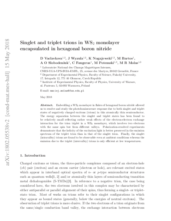 (PDF) Singlet and triplet trions in WS2 monolayer encapsulated in ...