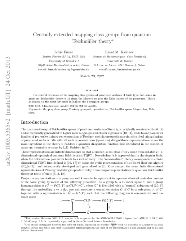 (PDF) Centrally extended mapping class groups from quantum Teichmuller ...