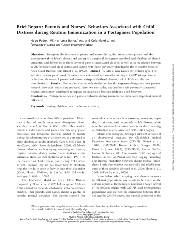 (PDF) Brief Report: Parents and Nurses' Behaviors Associated with Child ...