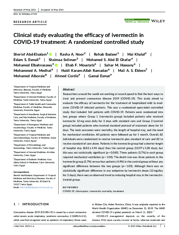(PDF) Clinical study evaluating the efficacy of ivermectin in COVID‐19 ...