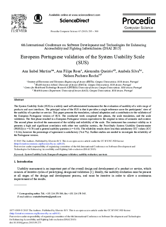 (PDF) European Portuguese Validation of the System Usability Scale (SUS)