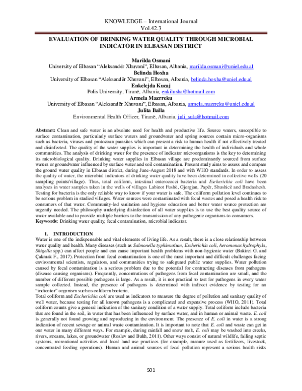 (PDF) EVALUATION OF DRINKING WATER QUALITY THROUGH MICROBIAL INDICATOR ...