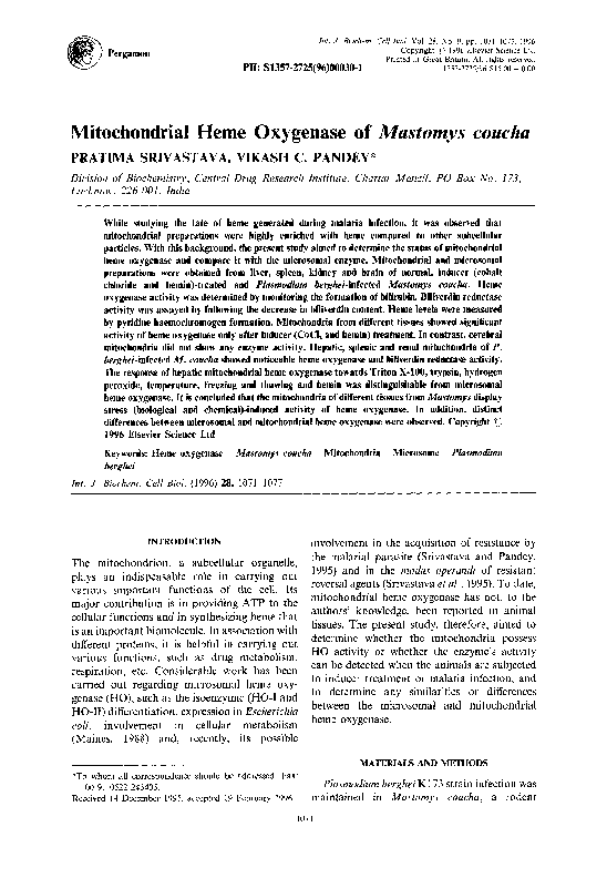 (PDF) Mitochondrial heme oxygenase of Mastomys coucha