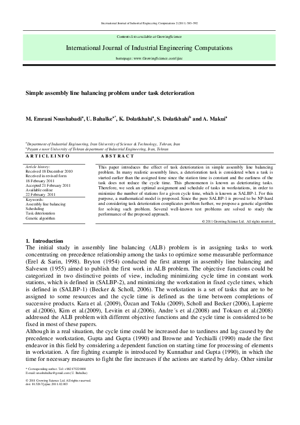(PDF) Simple assembly line balancing problem under task deterioration