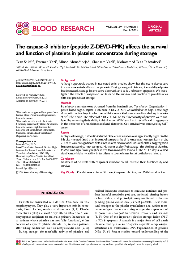 (PDF) Effects of caspase 3 inhibitor on the survival of platelet ...