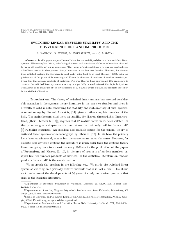 (PDF) Switched linear systems: stability and the convergence of random ...