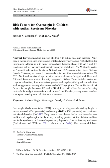 (PDF) Risk Factors for Overweight in Children with Autism Spectrum Disorder