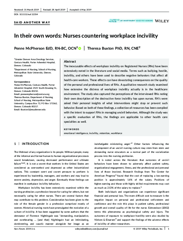 (PDF) In their own words: Nurses countering workplace incivility