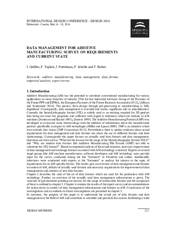 (PDF) Data Management for Additive Manufacturing: Survey on ...