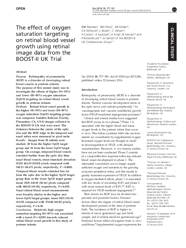 (PDF) The effect of oxygen saturation targeting on retinal blood vessel ...