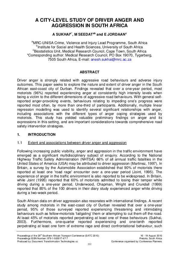 (PDF) City-level study of driver anger and aggression in South Africa