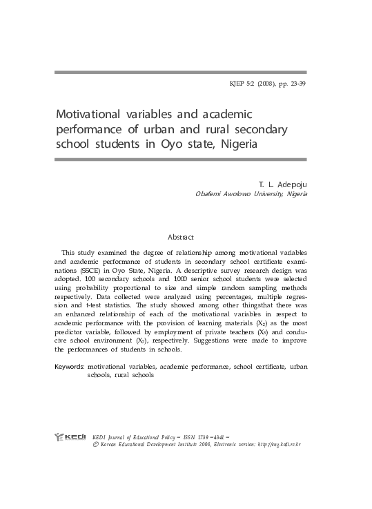(PDF) Motivational variables and academic performance of urban and ...
