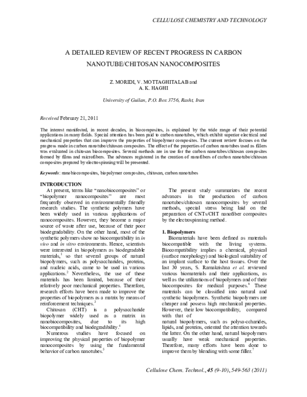 (PDF) A detailed review of recent progress in carbon nanotube/chitosan ...
