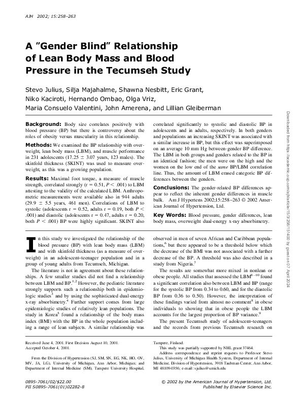 (PDF) A “gender blind” relationship of lean body mass and blood ...