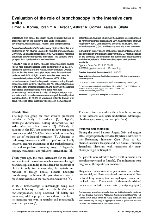 (PDF) Evaluation of the role of bronchoscopy in the intensive care units