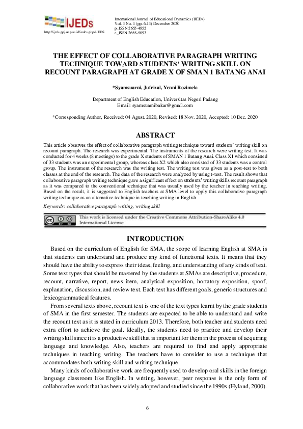 (PDF) The Effect of Collaborative Paragraph Writing Technique Toward ...