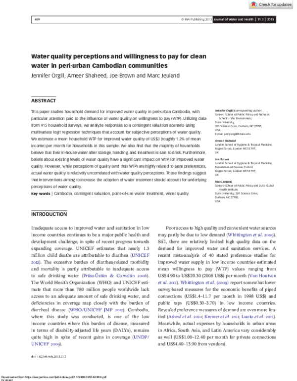(PDF) Water quality perceptions and willingness to pay for clean water ...
