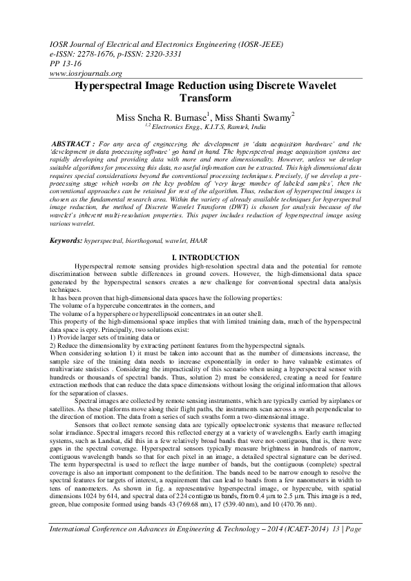 (PDF) Hyperspectral Image Reduction using Discrete Wavelet Transform Miss