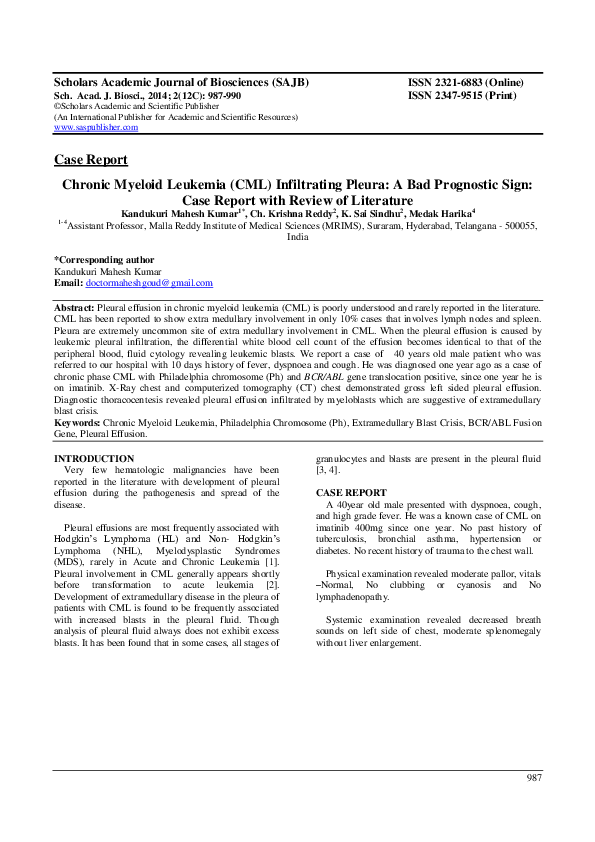 (PDF) Chronic Myeloid Leukemia ( CML ) Infiltrating Pleura : A Bad ...