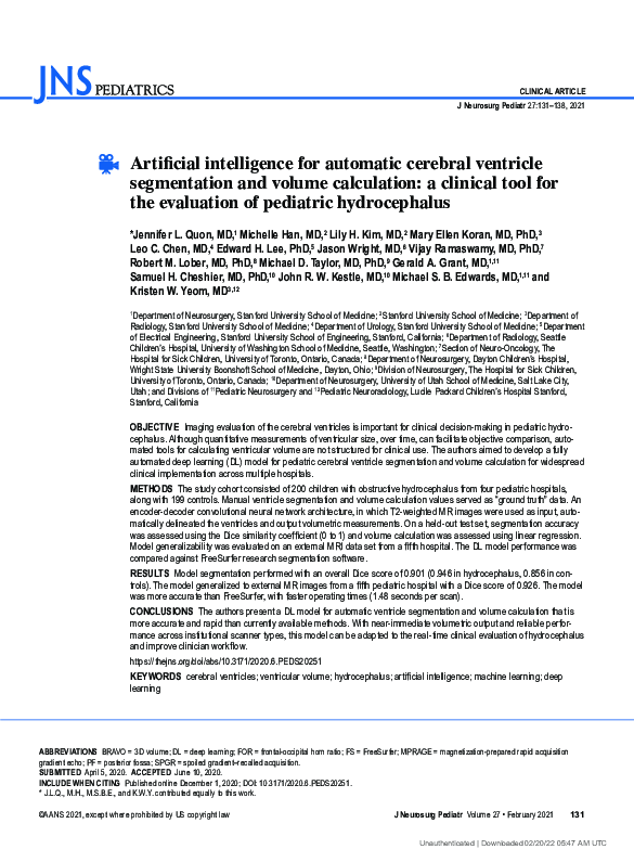(PDF) Artificial intelligence for automatic cerebral ventricle ...