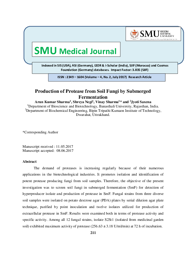 (PDF) Production of Protease from Soil Fungi by Submerged Fermentation