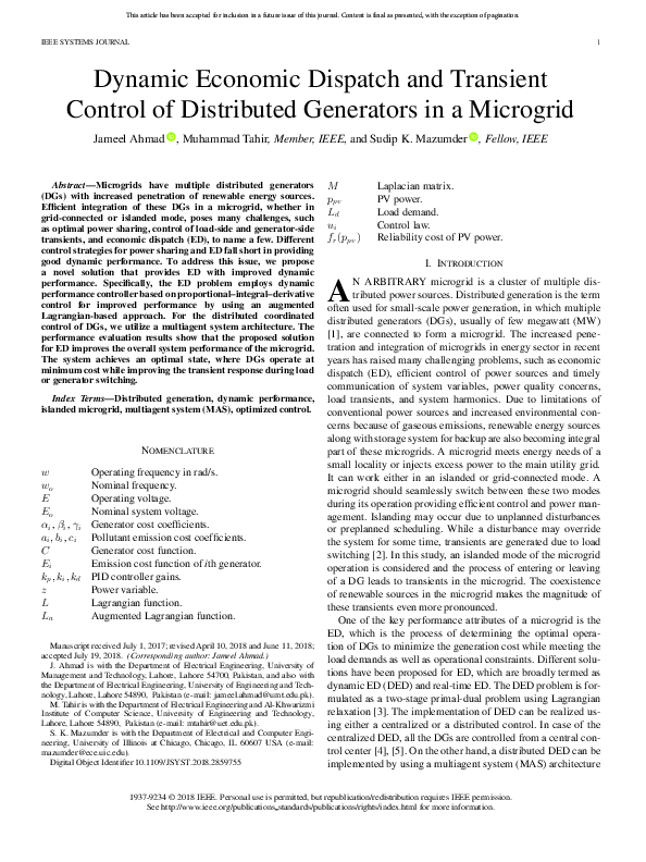 (PDF) Dynamic Economic Dispatch and Transient Control of Distributed ...