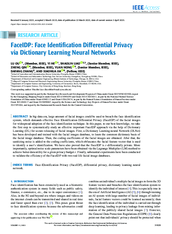 (PDF) FaceIDP: Face Identification Differential Privacy via Dictionary ...