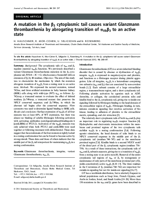 (PDF) A mutation in the β3 cytoplasmic tail causes variant Glanzmann ...