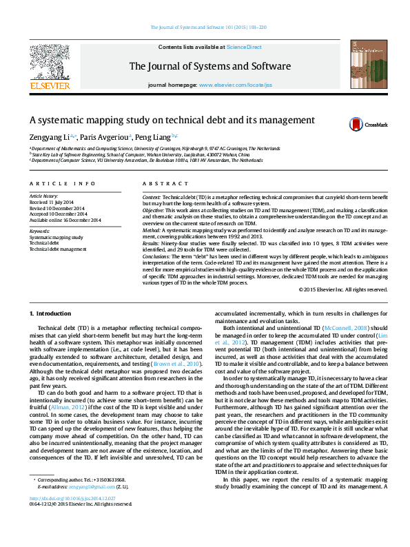 (PDF) A systematic mapping study on technical debt and its management