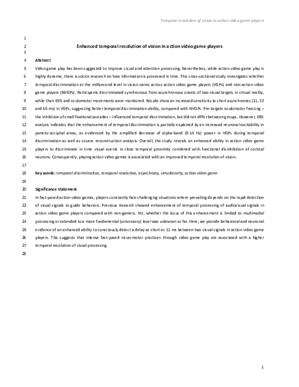(PDF) Enhanced temporal resolution of vision in action video game players