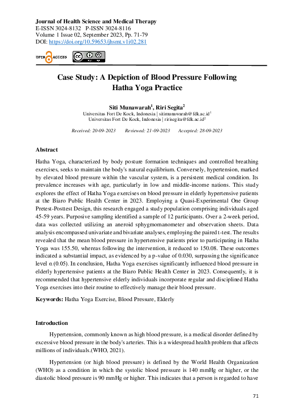 (PDF) Case Study: A Depiction of Blood Pressure Following Hatha Yoga ...