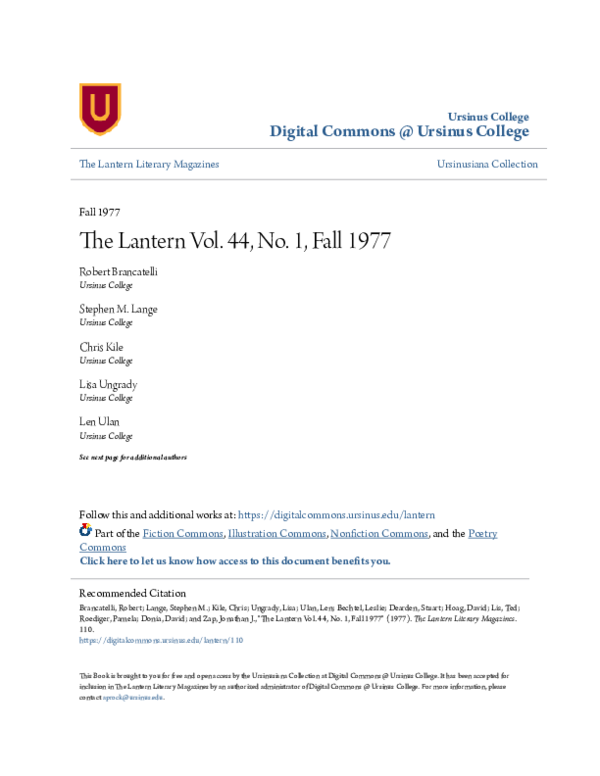 (PDF) The Lantern Vol. 44, No. 1, Fall 1977 | Robert Brancatelli ...