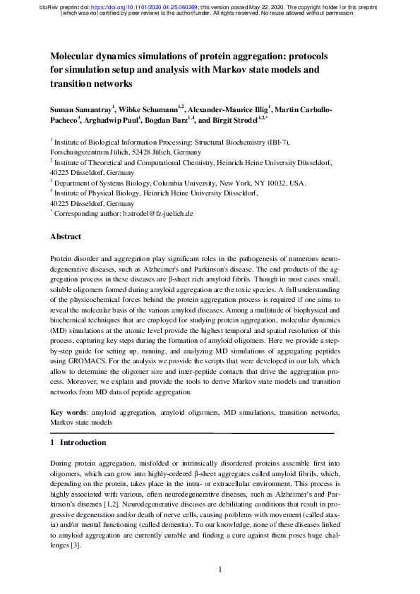 (PDF) Molecular dynamics simulations of protein aggregation: protocols ...