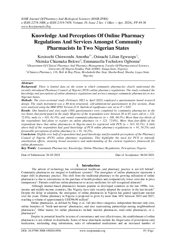 (PDF) Knowledge And Perceptions Of Online Pharmacy Regulations And ...