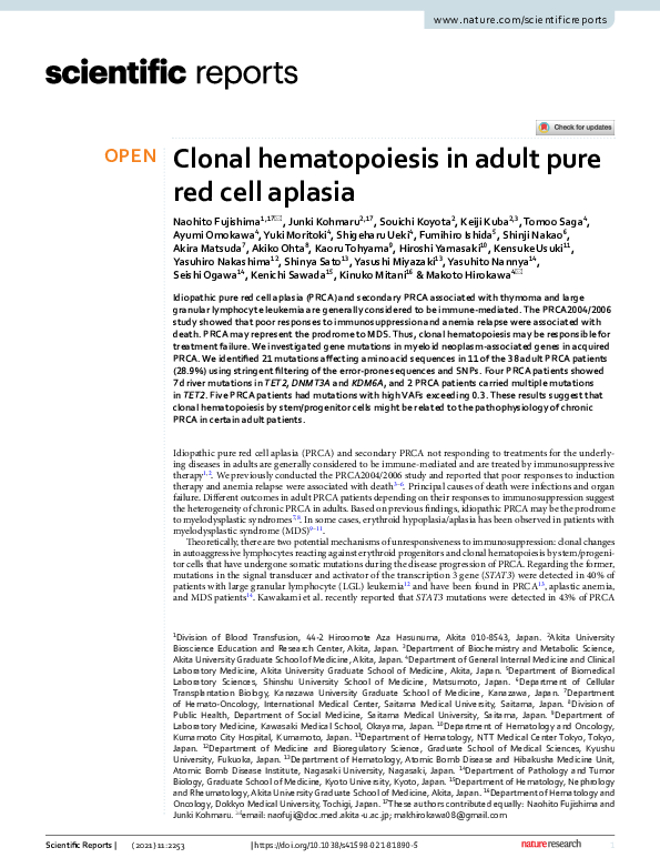 (PDF) Clonal hematopoiesis in adult pure red cell aplasia