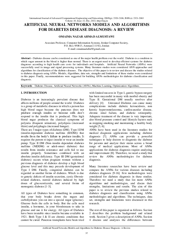 (PDF) ARTIFICIAL NEURAL NETWORKS MODELS AND ALGORITHMS FOR DIABETES ...