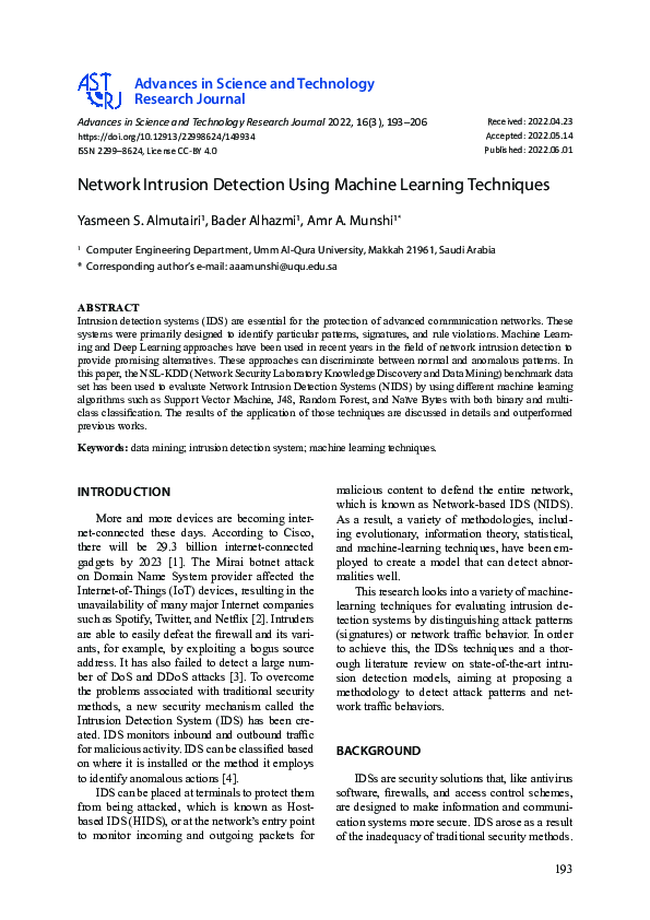 (PDF) Network Intrusion Detection Using Machine Learning Techniques