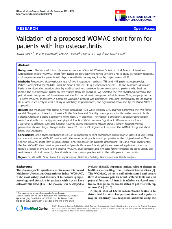 (PDF) Validation of a proposed WOMAC short form for patients with hip ...