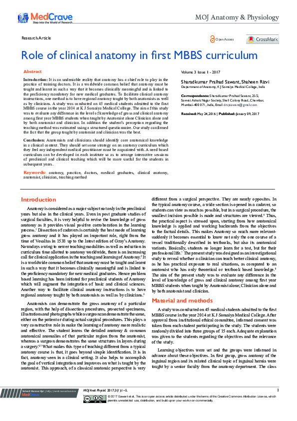 (PDF) Role of Clinical Anatomy in First MBBS Curriculum